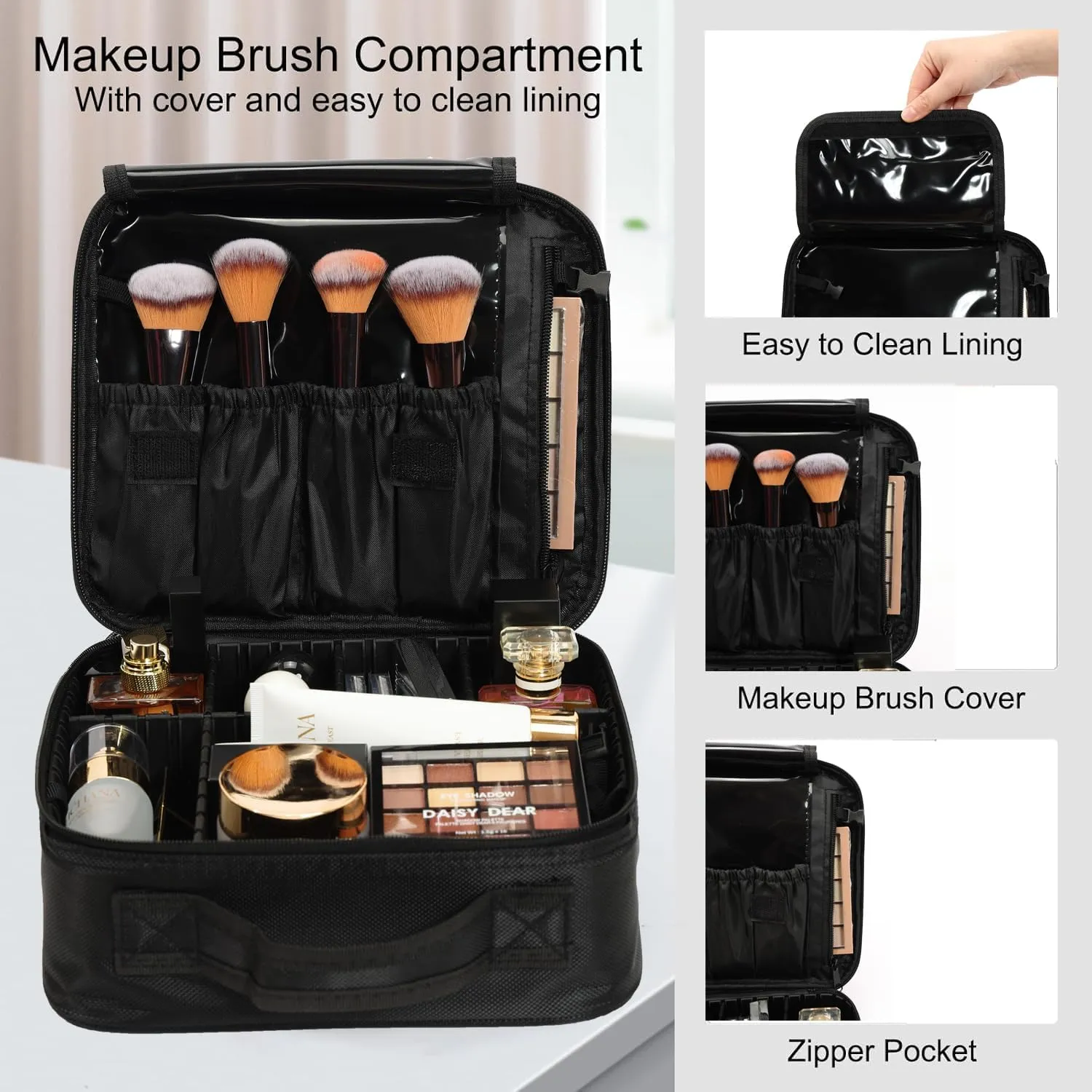 5 in 1 Professional Makeup Train Case Aluminum Cosmetic Case Rolling Makeup Case ExtraLarge Storage Organizer with Key Swivel Wheels Salon Barber Case for Make Up Nail Hairstylists, Black