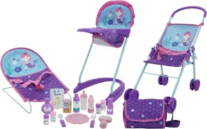 509 Crew Mermaid 19 Piece Set: Doll Travel, Feed, Sleep n Play Set - Half Folding Doll Stroller, Bouncer, Highchair, 15 Piece Accessories & Diaper Bag/Handbag, Kids Pretend Play Ages 3  (T820028)