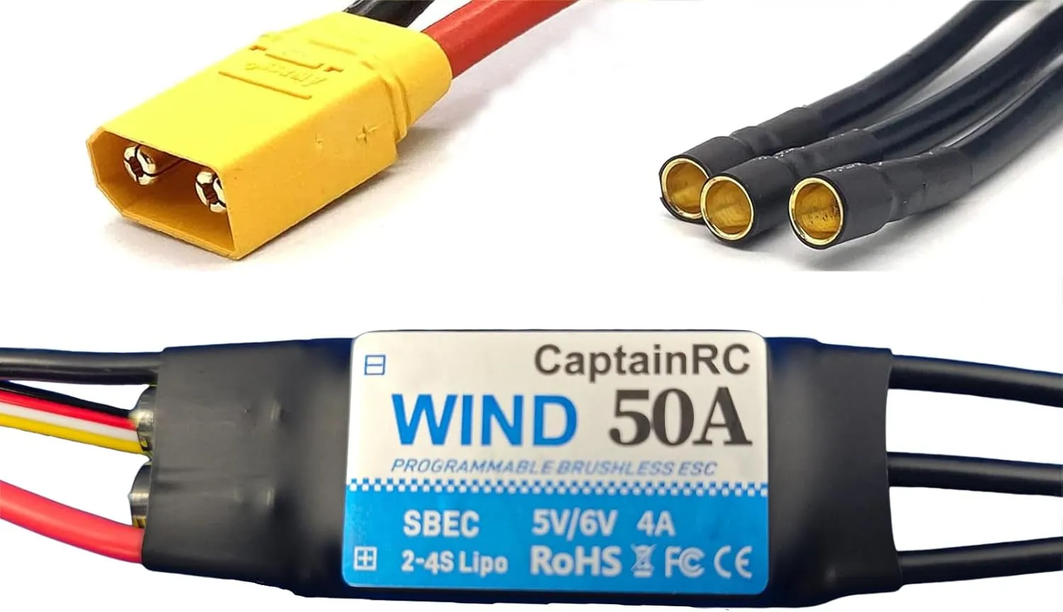50A ESC with 5V 6V/4A BEC 2-4S Electric Speed Controller with XT60 & 3.5mm Bullet Plugs for Fixed Wing Airplane/RC Drone Airplane/Brushless Motors