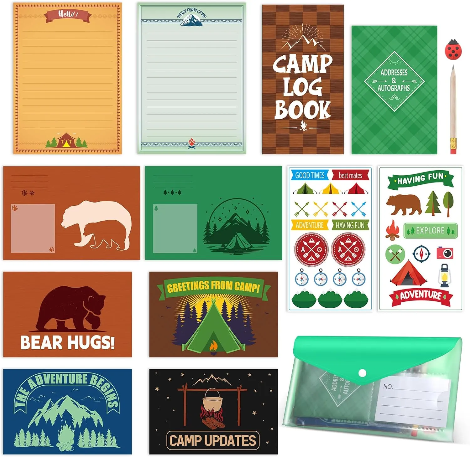 51 Pcs Adventures at Camp Stationery Set Summer Camping Postcards Kit Letter Paper Envelope Sticker Postcard Camp Activity Journal Rubber Pencil(Adventures at Camp)