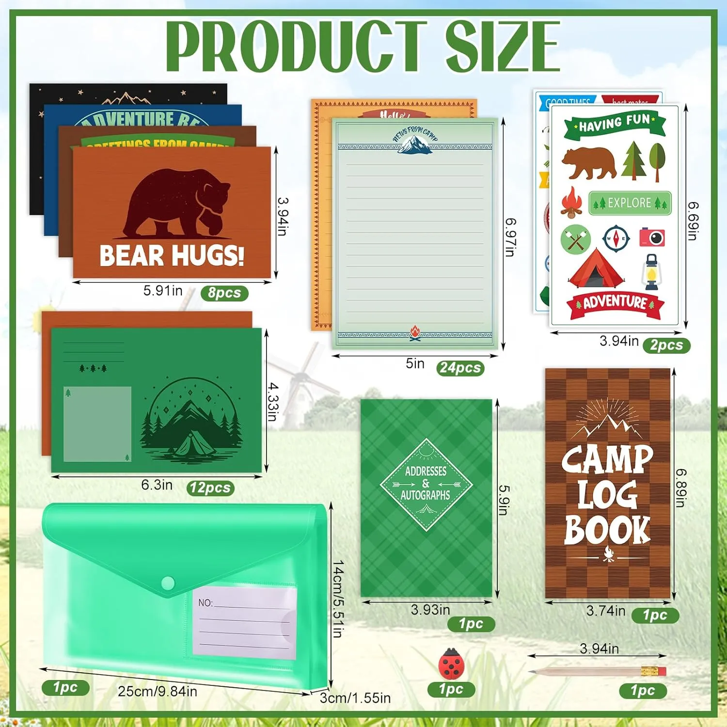51 Pcs Adventures at Camp Stationery Set Summer Camping Postcards Kit Letter Paper Envelope Sticker Postcard Camp Activity Journal Rubber Pencil(Adventures at Camp)