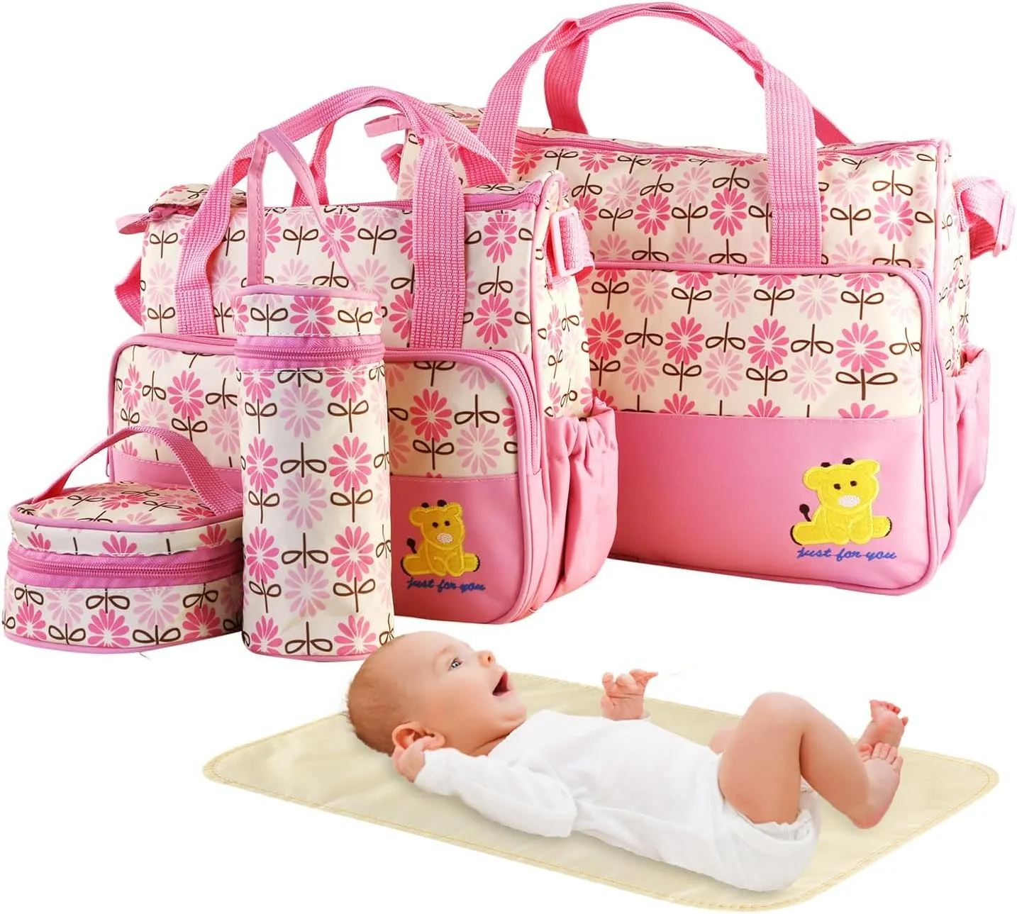 5PCS Baby Diaper Bag Set, baby nappy Handbag with Shoulder Strap, Portable Diaper Changing Bag for Mom Dad