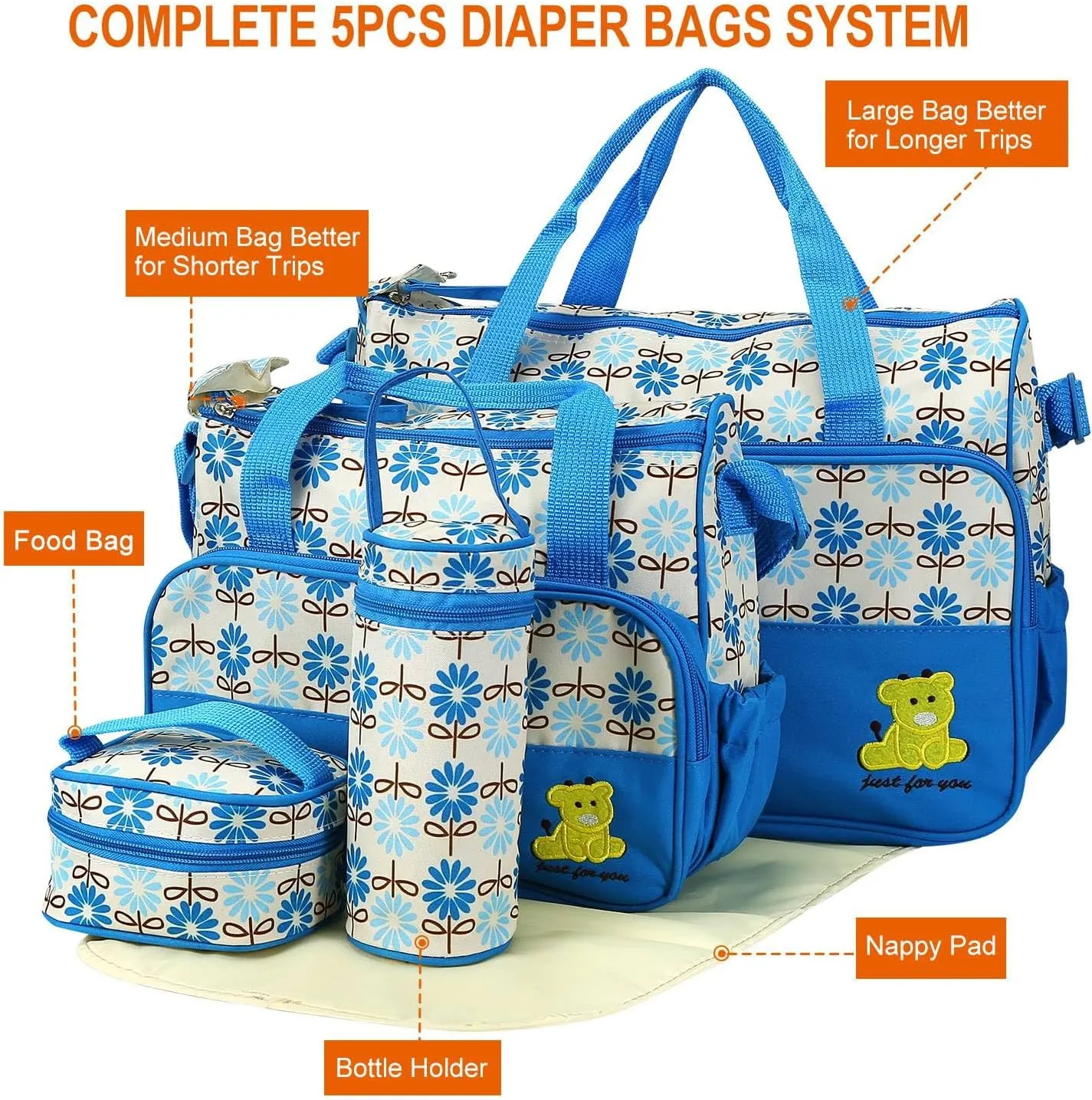 5PCS Baby Diaper Bag Set, baby nappy Handbag with Shoulder Strap, Portable Diaper Changing Bag for Mom Dad