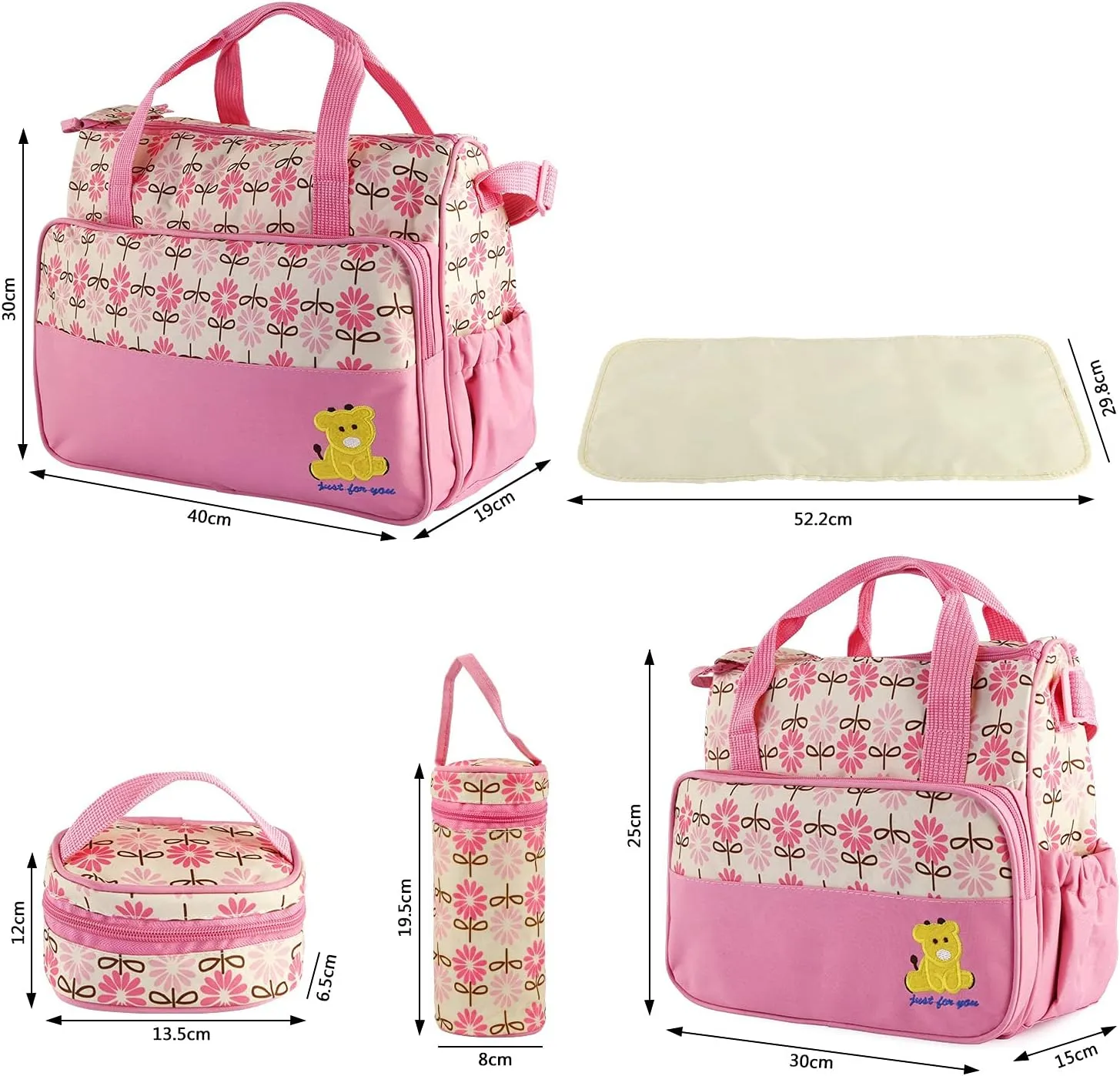 5PCS Baby Diaper Bag Set, baby nappy Handbag with Shoulder Strap, Portable Diaper Changing Bag for Mom Dad