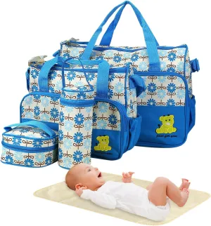 5PCS Baby Diaper Bag Set, baby nappy Handbag with Shoulder Strap, Portable Diaper Changing Bag for Mom Dad