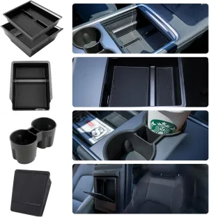 5PCS Center Console Organizer Tray for Tesla Model Y 2021 2022 2023 2024, 2021 2022 Tesla Model 3 Interior Accessories Armrest Storage Tray Hidden Storage Box Cup Holder (5PCS)