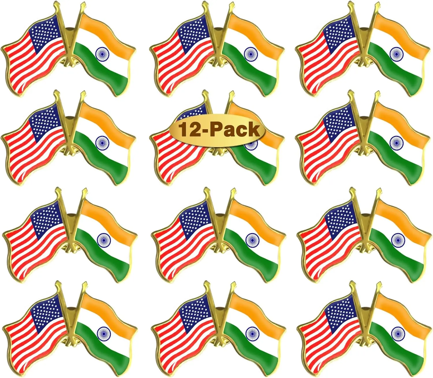 6/12/50/100 Pack-American India Friendship Flag Pins Bulk -1.5” Metal Patriotic US USA Indian Lapel Pins Badge Souvenir