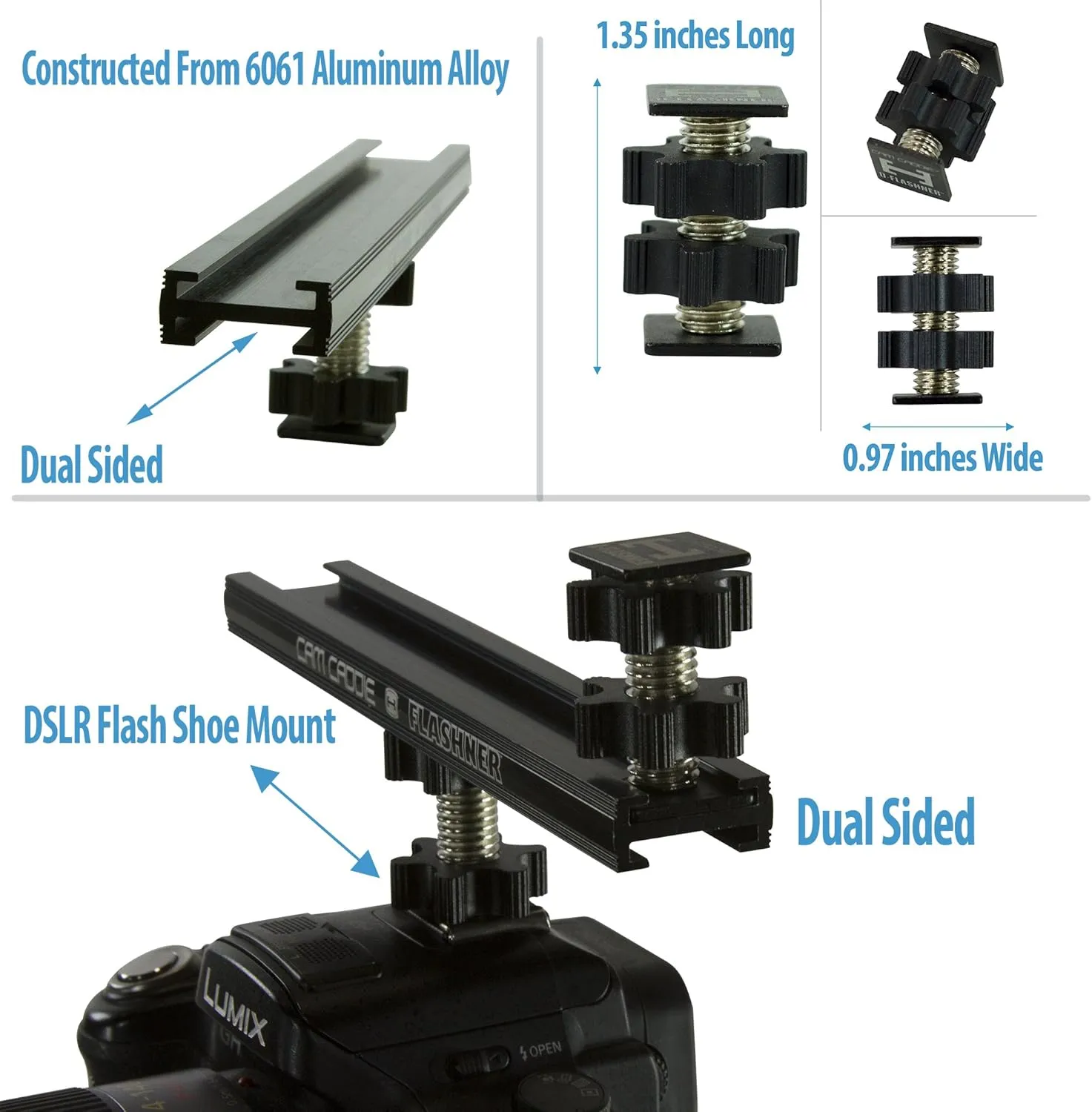 8 Inch Cold Shoe Extension Bracket - Dual Sided Camera Flash Mount with D-Flashner Adapter by Cam Caddie - Black