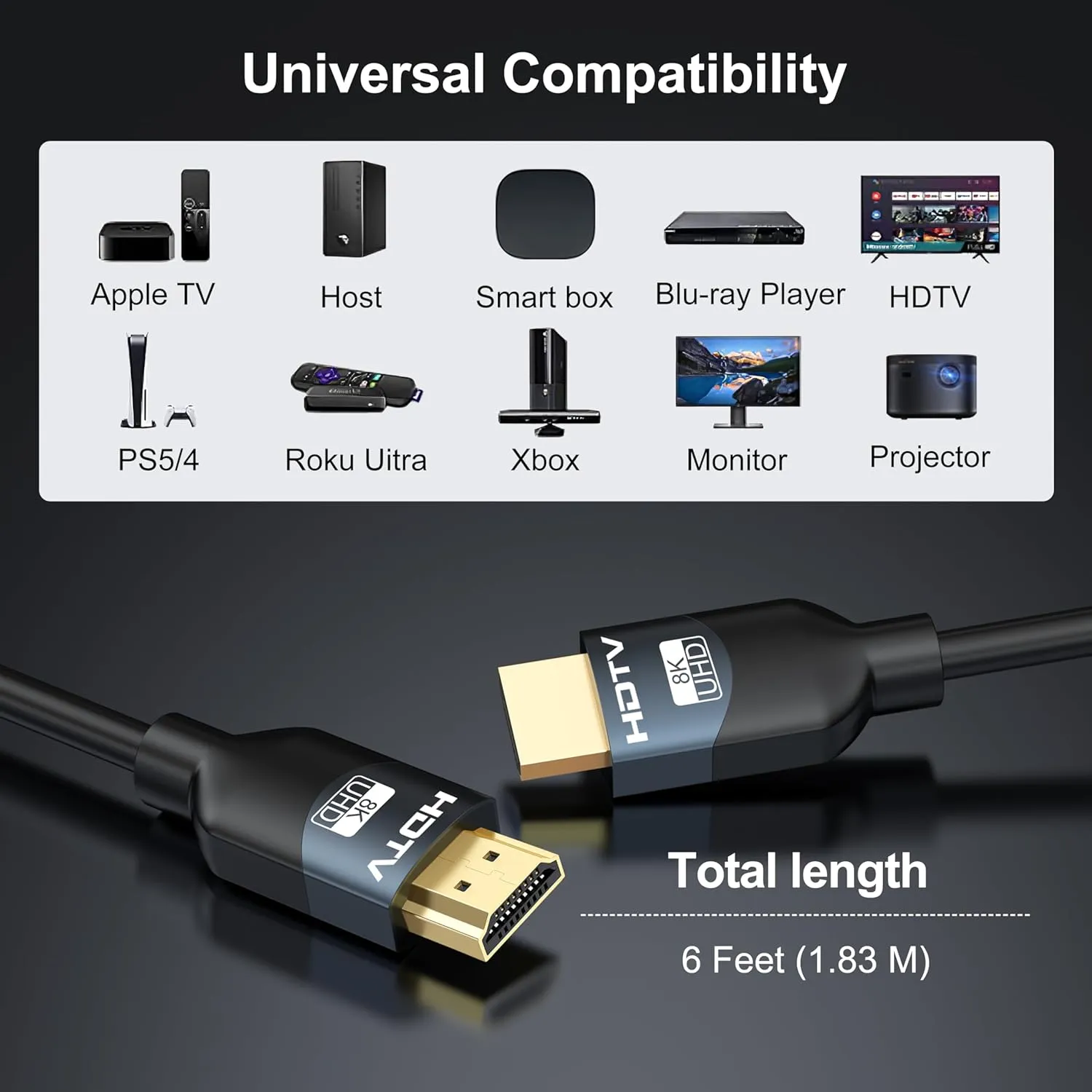 8K HDMI 2.1 Cables 6FT 5-Pack, High Speed HDMI Gaming Monitor Cable for PS5 TV-8K ARC&eARC HDMI Cord-165/180/240Hz, HDCP2.3, 3D/HDR10 for Soundbar, PS5, PS4, TV, Xbox, Roku, Cinema, Computer, Monitor