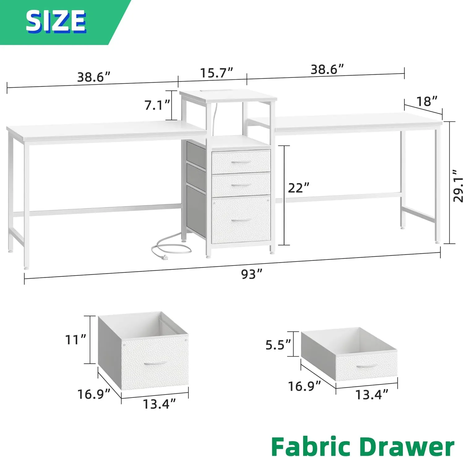 93'' Two Person Desk with Charging Station, Long Desk with 3 Drawers and Printer Shelf, Double Computer Desk, Fabric Drawers, 2 Person Writing Study Table Workstation for Home Office, White