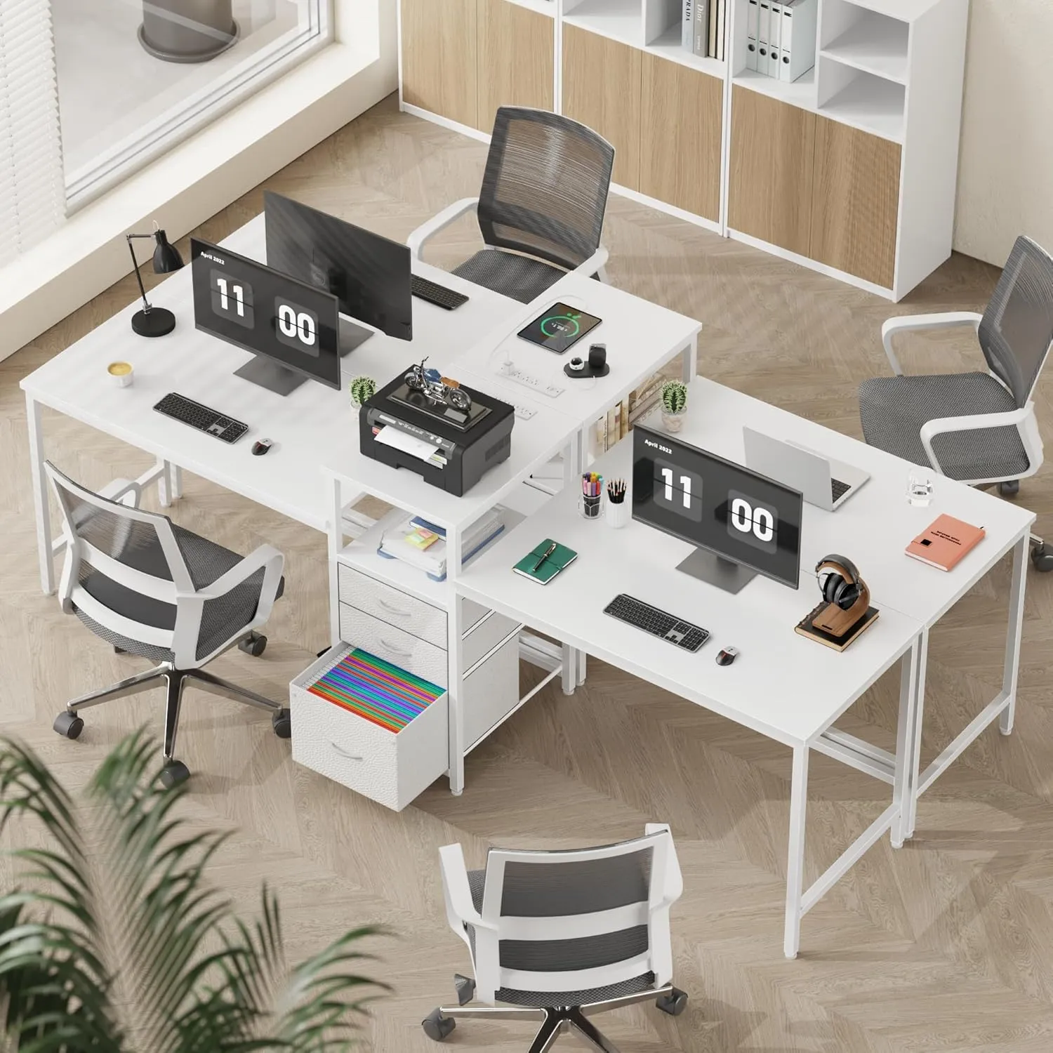 93'' Two Person Desk with Charging Station, Long Desk with 3 Drawers and Printer Shelf, Double Computer Desk, Fabric Drawers, 2 Person Writing Study Table Workstation for Home Office, White