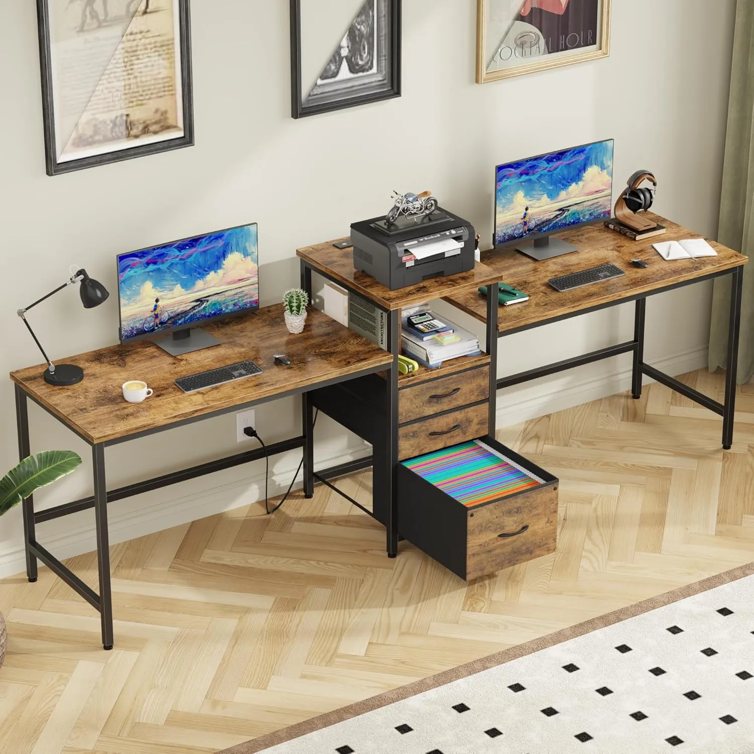 93'' Two Person Desk with Charging Station, Long Desk with 3 Fabric Drawers and Printer Shelf, Double Computer Desk, 2 Person Writing Study Table Workstation for Home Office, Rustic Brown
