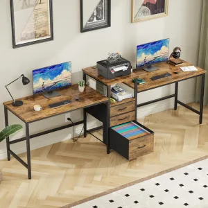 93'' Two Person Desk with Charging Station, Long Desk with 3 Fabric Drawers and Printer Shelf, Double Computer Desk, 2 Person Writing Study Table Workstation for Home Office, Rustic Brown