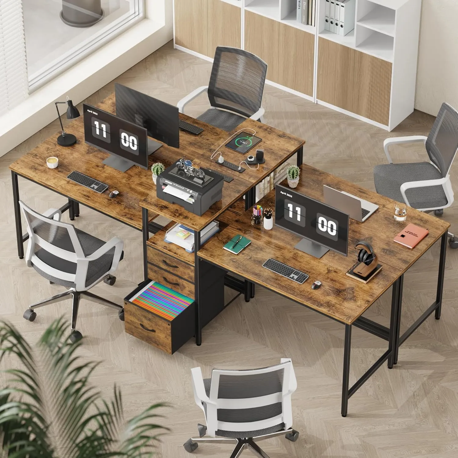93'' Two Person Desk with Charging Station, Long Desk with 3 Fabric Drawers and Printer Shelf, Double Computer Desk, 2 Person Writing Study Table Workstation for Home Office, Rustic Brown