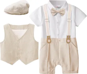 A&J DESIGN 4pcs Baby Boys Suit, Gentleman Outfits 3 Months - 18 Months, Romper & Vest & Berets Hat & Bow Tie