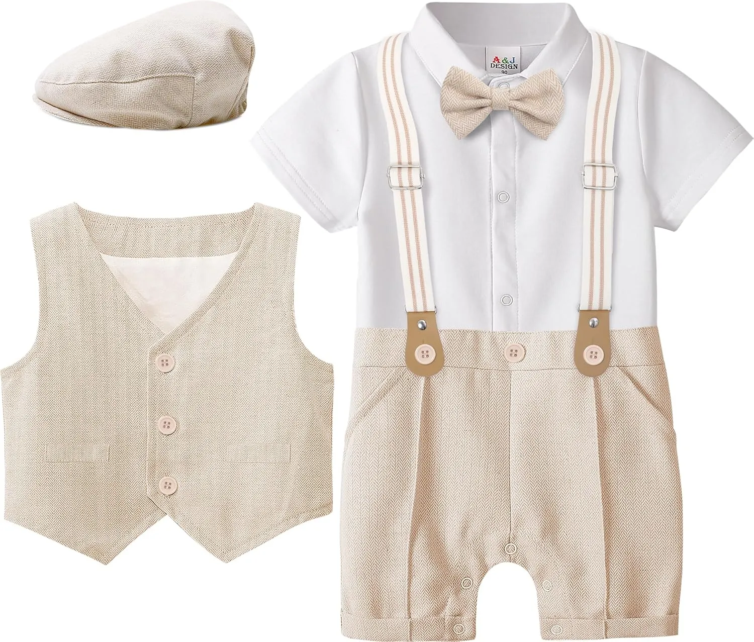 A&J DESIGN 4pcs Baby Boys Suit, Gentleman Outfits 3 Months - 18 Months, Romper & Vest & Berets Hat & Bow Tie