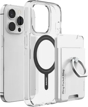 AAUXX UMS-IR03PKMGPW iRing Magnetic Case   Pocket Mag Bundle Version, Magsafe Compatible, iPhone 14 Pro Max, Clear Case, Strong Magnet, Smartphone Ring, Compatible with iRing PocketMag,