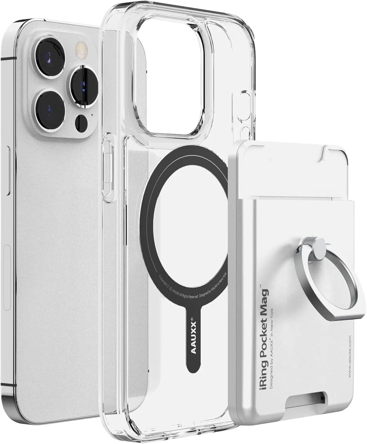 AAUXX UMS-IR03PKMGPW iRing Magnetic Case   Pocket Mag Bundle Version, Magsafe Compatible, iPhone 14 Pro Max, Clear Case, Strong Magnet, Smartphone Ring, Compatible with iRing PocketMag,