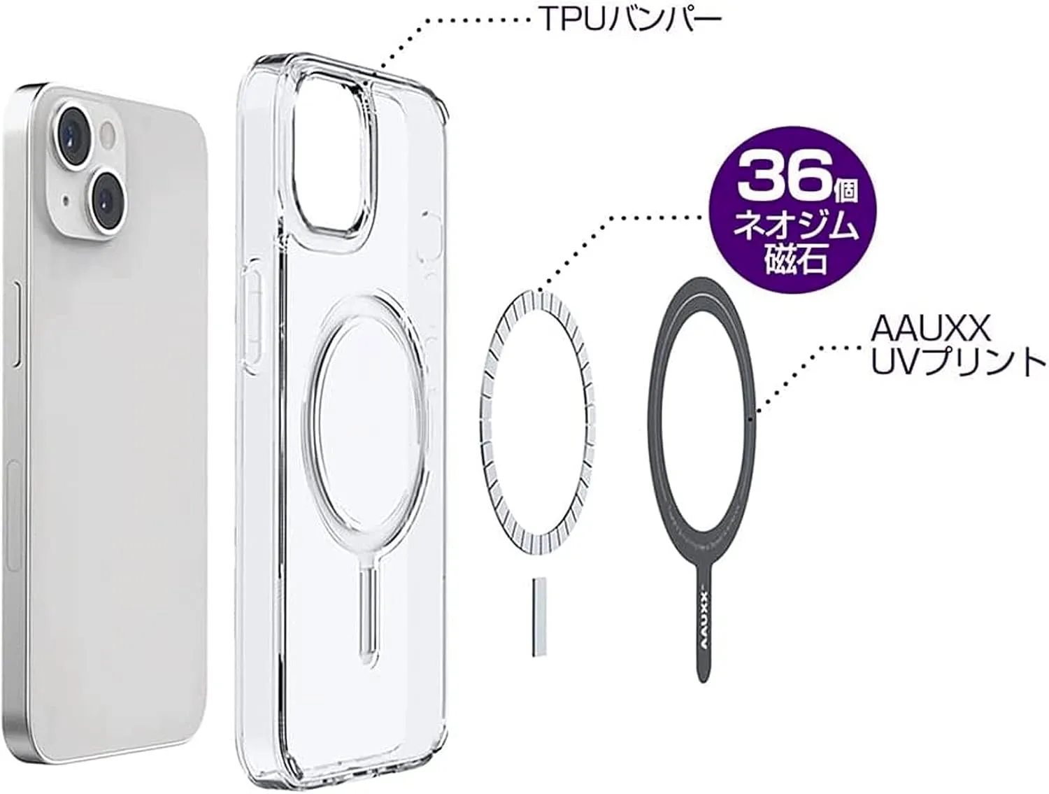 AAUXX UMS-IR03PKMGPW iRing Magnetic Case   Pocket Mag Bundle Version, Magsafe Compatible, iPhone 14 Pro Max, Clear Case, Strong Magnet, Smartphone Ring, Compatible with iRing PocketMag,