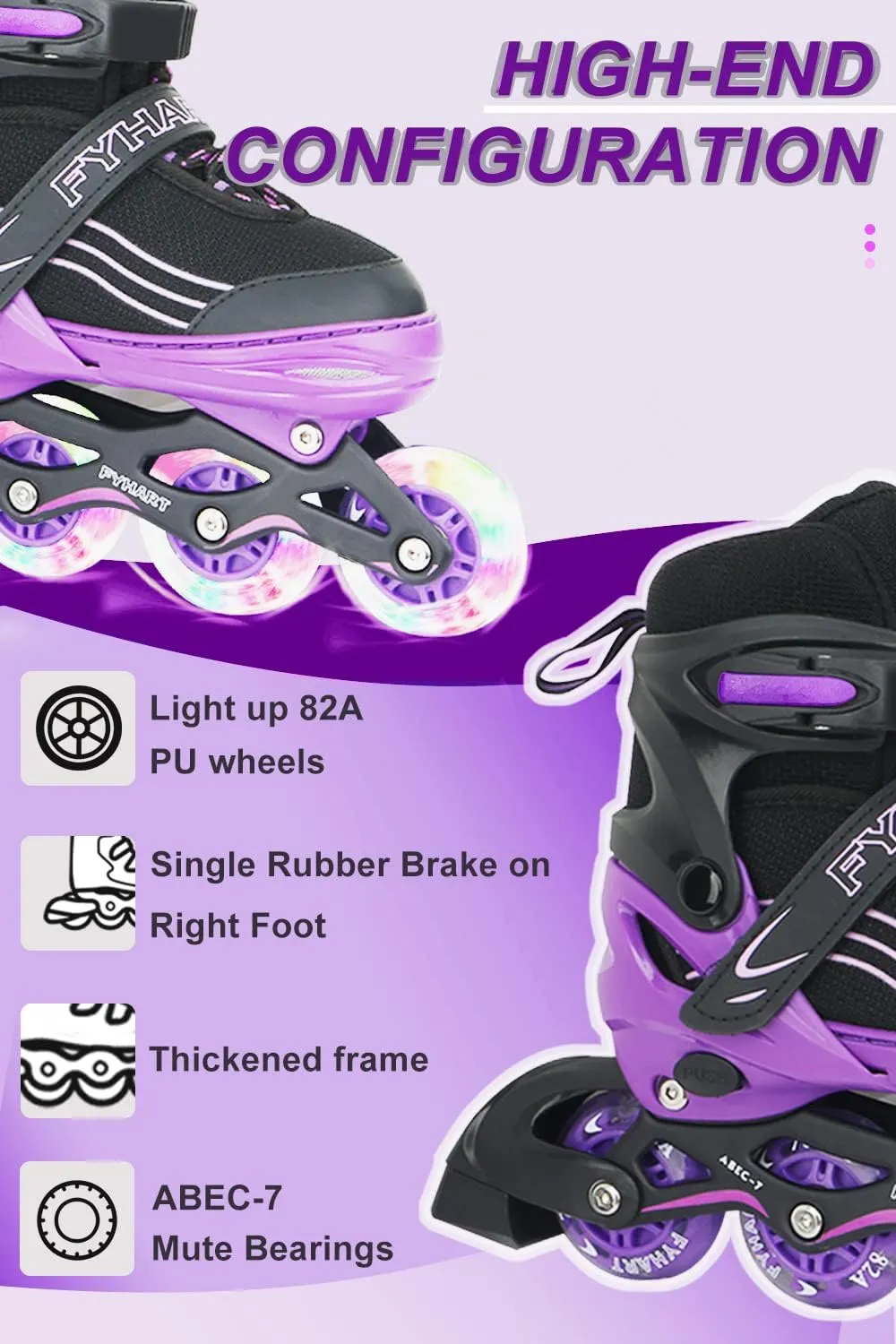 Adjustable Kids Inline Skates Girls Boys, Purple&Black All Wheels Light up Kids Skates for Beginner Outdoor and Indoor