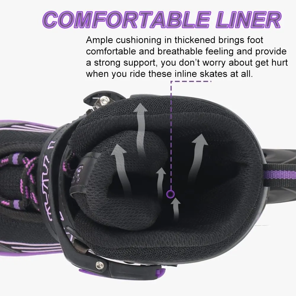 Adjustable Kids Inline Skates Girls Boys, Purple&Black All Wheels Light up Kids Skates for Beginner Outdoor and Indoor