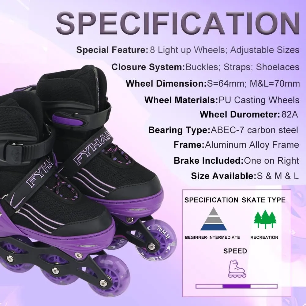Adjustable Kids Inline Skates Girls Boys, Purple&Black All Wheels Light up Kids Skates for Beginner Outdoor and Indoor