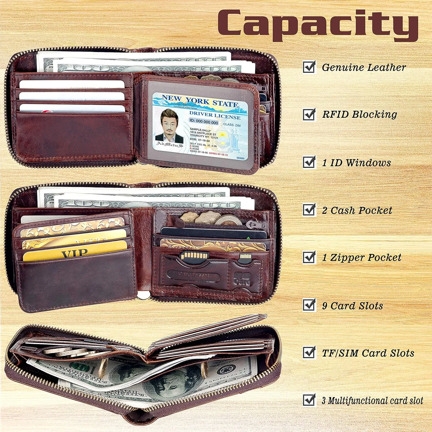 Admetus Mens RFID Blocking Wallets Zipper Leather Wallet for Men Bifold RFID Card Holder