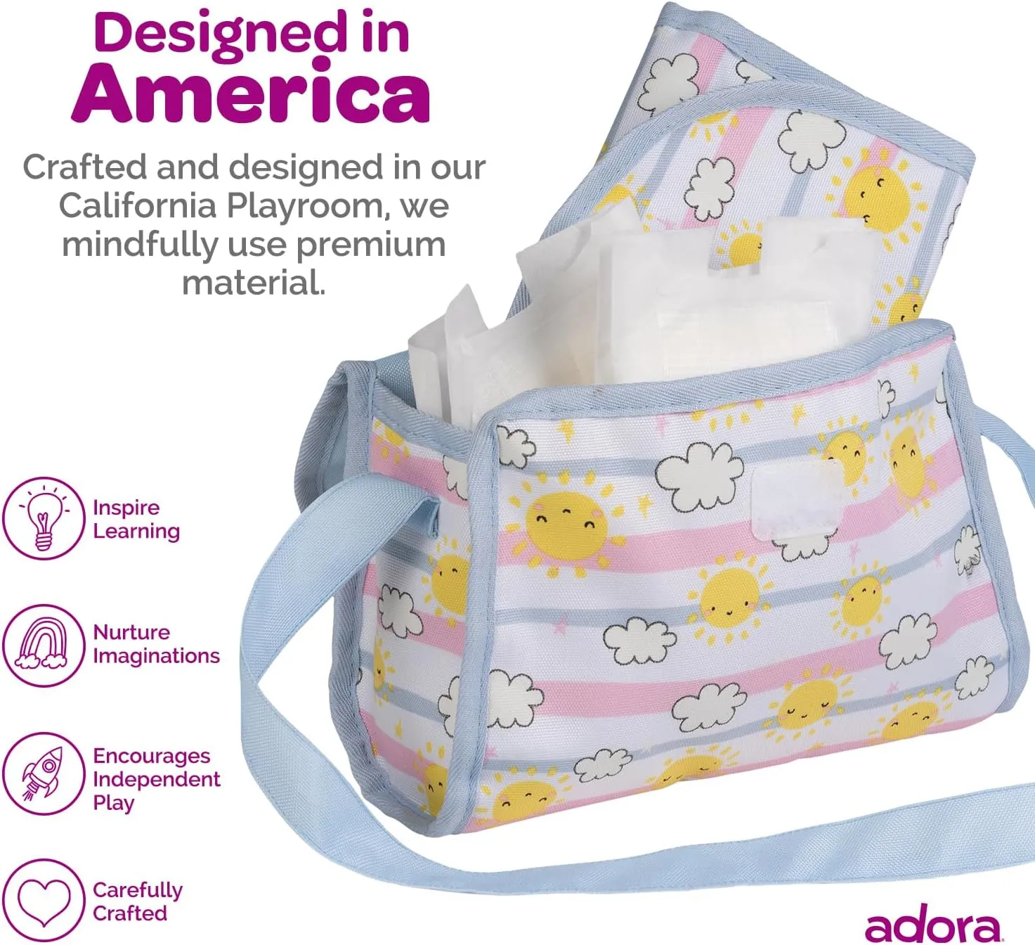 Adora Baby Doll Diaper Bag with Color Changing Design, Sturdy Straps, Includes Changing Mat and 2 Doll Diapers (Fits 13" Dolls), Birthday Gift For Ages 3  - Sunny Days