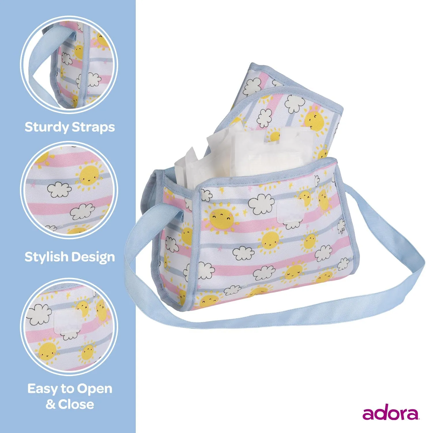 Adora Baby Doll Diaper Bag with Color Changing Design, Sturdy Straps, Includes Changing Mat and 2 Doll Diapers (Fits 13" Dolls), Birthday Gift For Ages 3  - Sunny Days