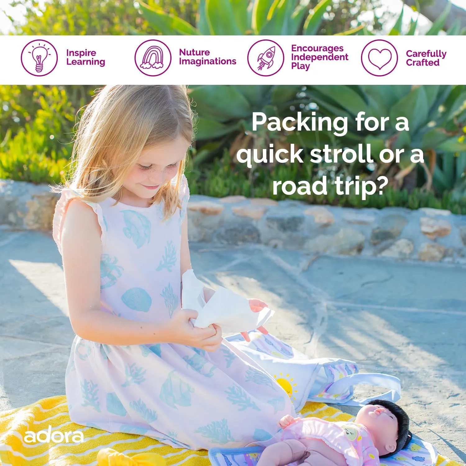 Adora Baby Doll Diaper Bag with Color Changing Design, Sturdy Straps, Includes Changing Mat and 2 Doll Diapers (Fits 13" Dolls), Birthday Gift For Ages 3  - Sunny Days