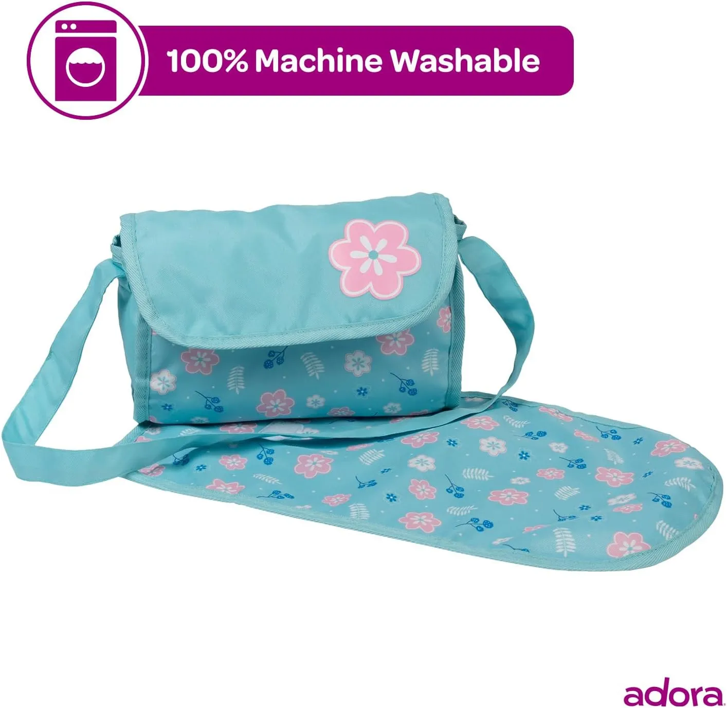ADORA Baby Doll Diaper Bag with Sturdy Straps, Includes Changing Mat and 2 Doll Diapers (Fits 13" Dolls), Birthday Gift for Ages 3  - Blue Flower Power