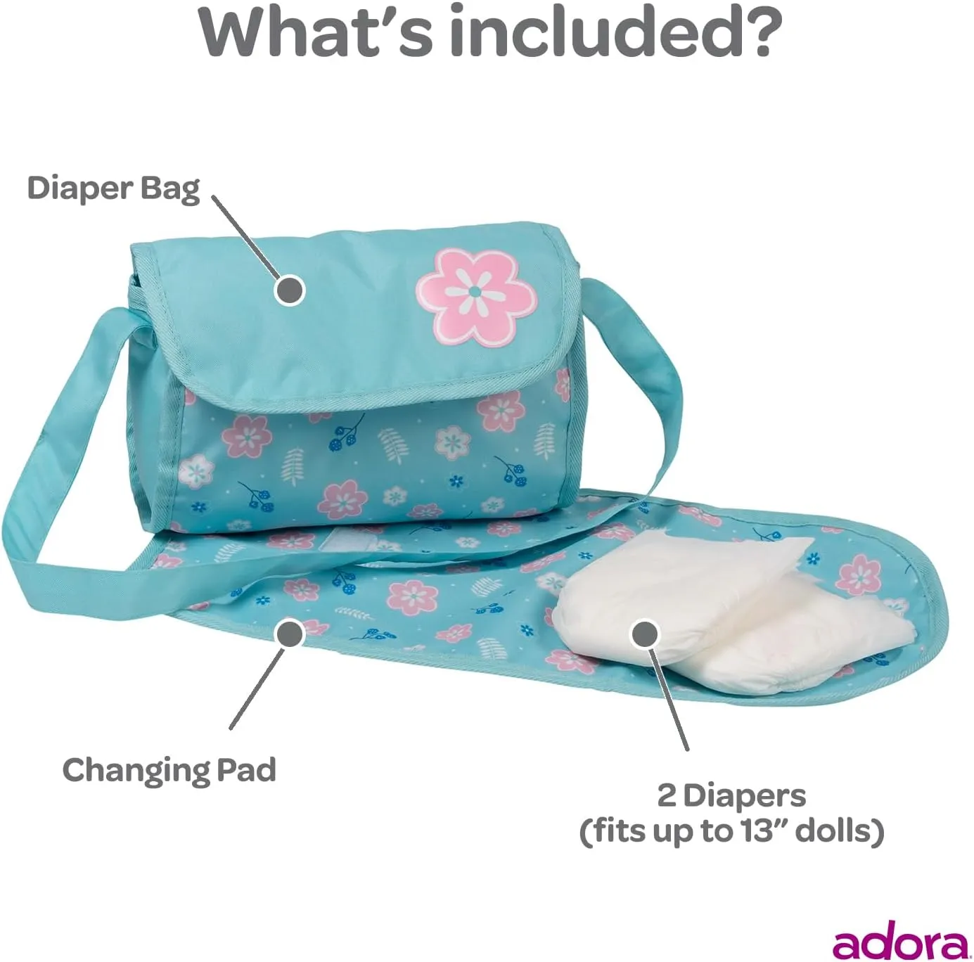 ADORA Baby Doll Diaper Bag with Sturdy Straps, Includes Changing Mat and 2 Doll Diapers (Fits 13" Dolls), Birthday Gift for Ages 3  - Blue Flower Power