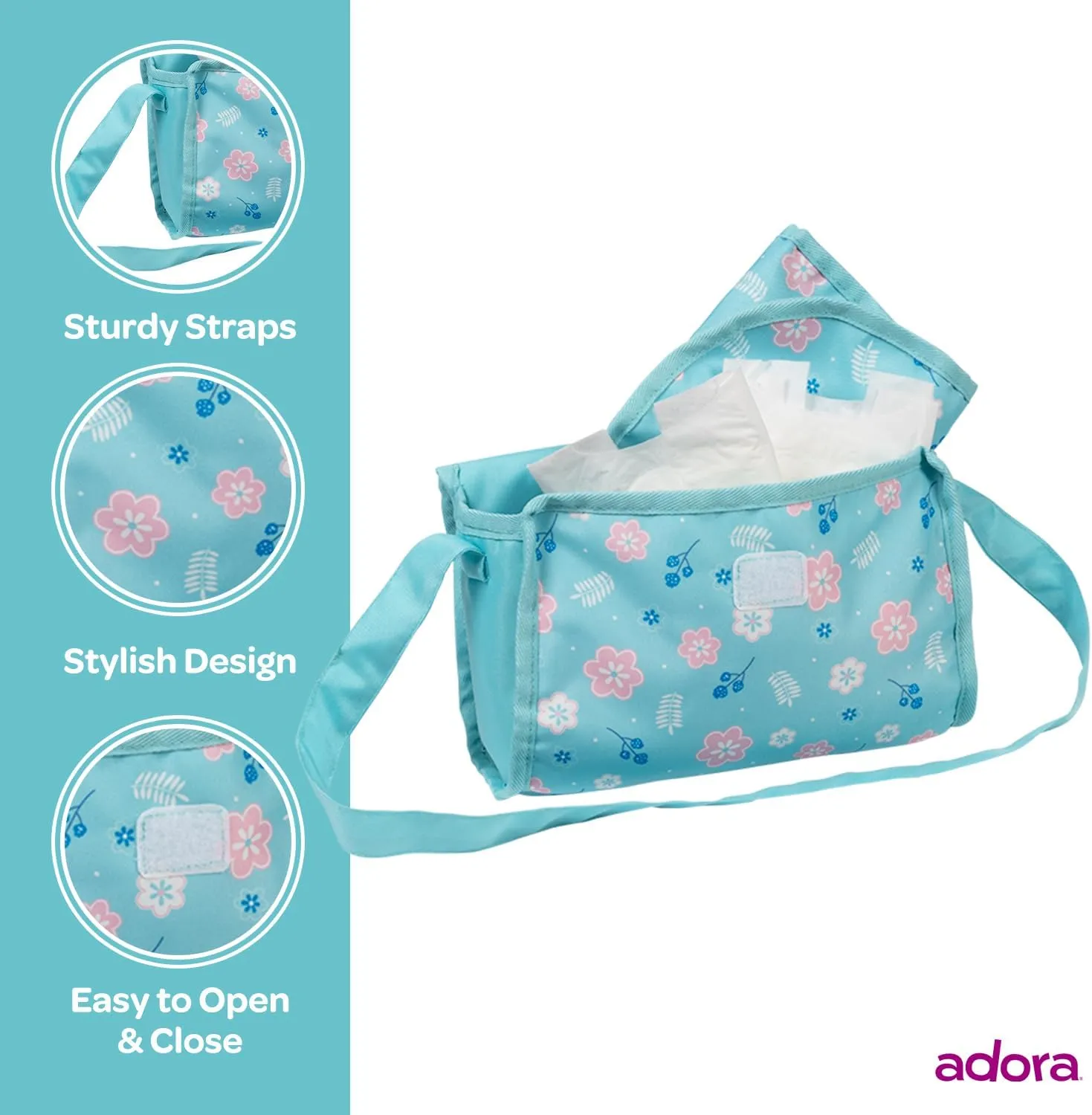 ADORA Baby Doll Diaper Bag with Sturdy Straps, Includes Changing Mat and 2 Doll Diapers (Fits 13" Dolls), Birthday Gift for Ages 3  - Blue Flower Power