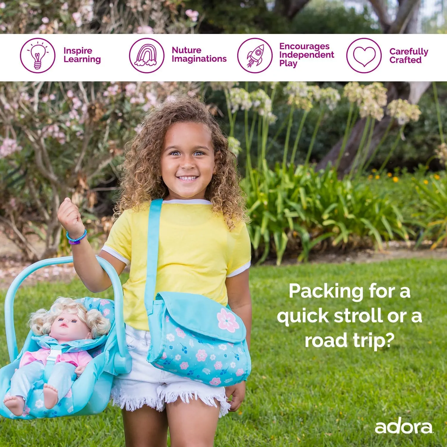 ADORA Baby Doll Diaper Bag with Sturdy Straps, Includes Changing Mat and 2 Doll Diapers (Fits 13" Dolls), Birthday Gift for Ages 3  - Blue Flower Power