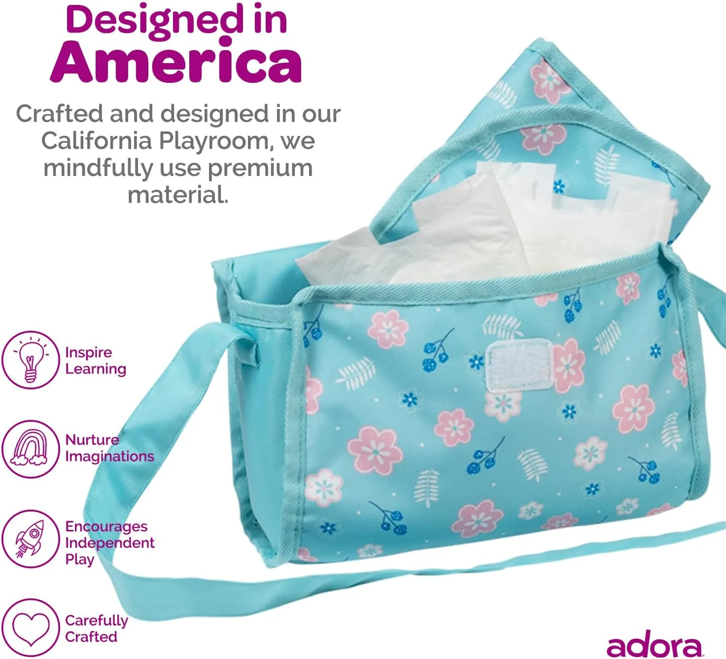 ADORA Baby Doll Diaper Bag with Sturdy Straps, Includes Changing Mat and 2 Doll Diapers (Fits 13" Dolls), Birthday Gift for Ages 3  - Blue Flower Power