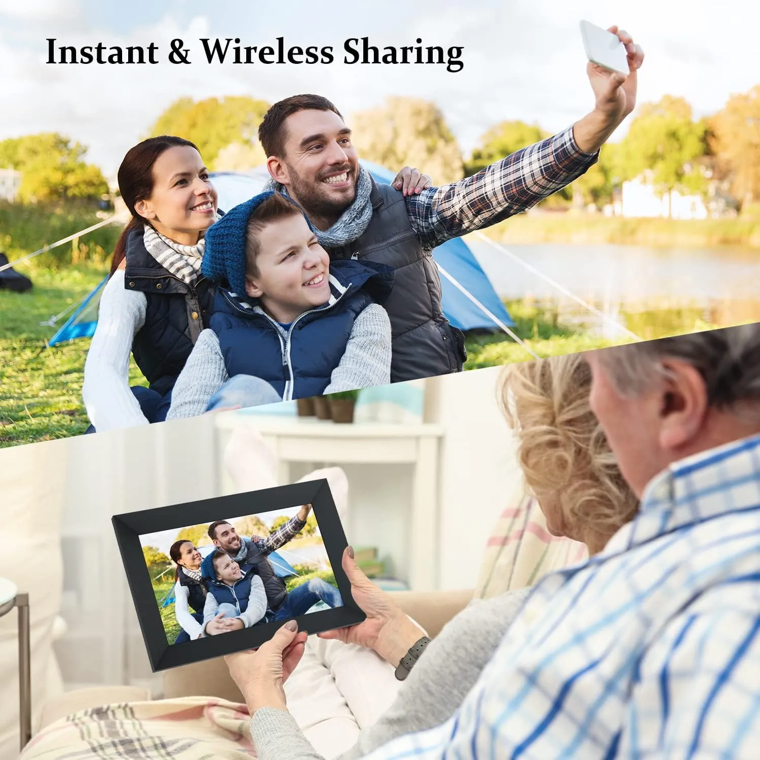 AEEZO 10.1 Inch WiFi Digital Picture Frame, IPS Touch Screen Smart Cloud Photo Frame with 32GB Storage, Easy Setup to Share Photos or Videos via AiMOR APP, Auto-Rotate, Wall Mountable (Black)