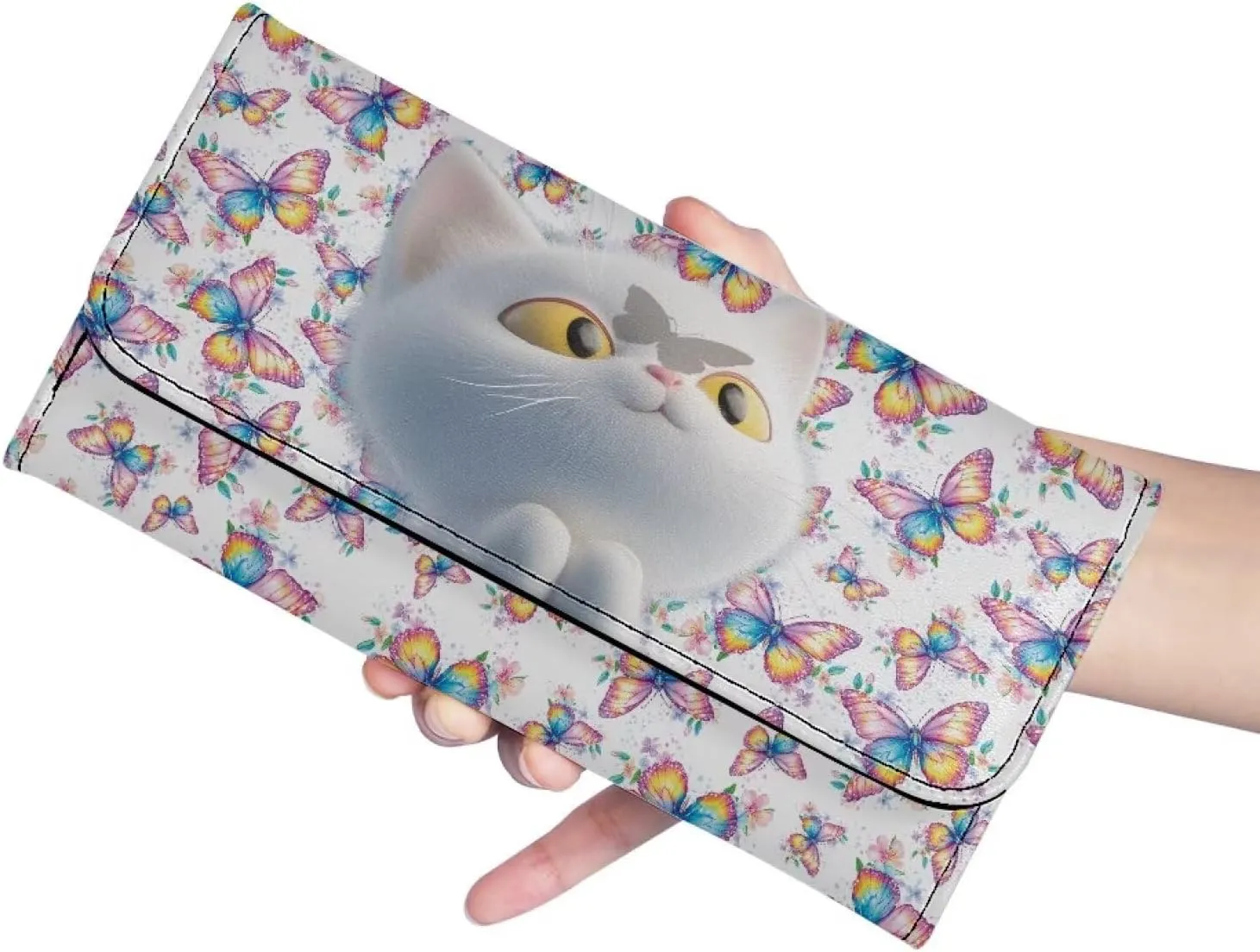AFPANQZ 3D Cat Butterfly Long Clutch for Ladies Girls Large Luxury Women's RFID Blocking Tri-fold Leather Wallet Women's Leather Purse Large Capacity PU Purses with Zipper