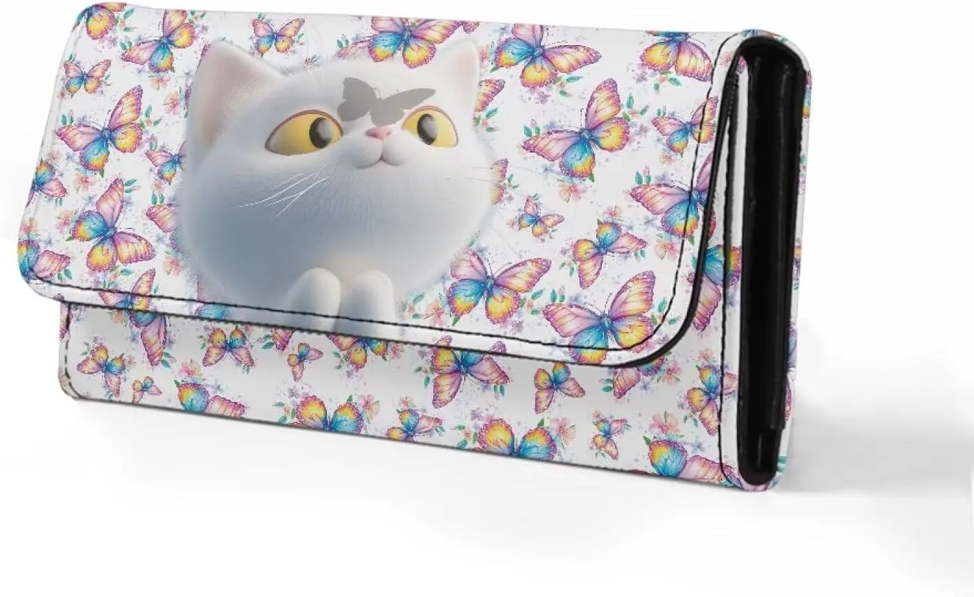 AFPANQZ 3D Cat Butterfly Long Clutch for Ladies Girls Large Luxury Women's RFID Blocking Tri-fold Leather Wallet Women's Leather Purse Large Capacity PU Purses with Zipper