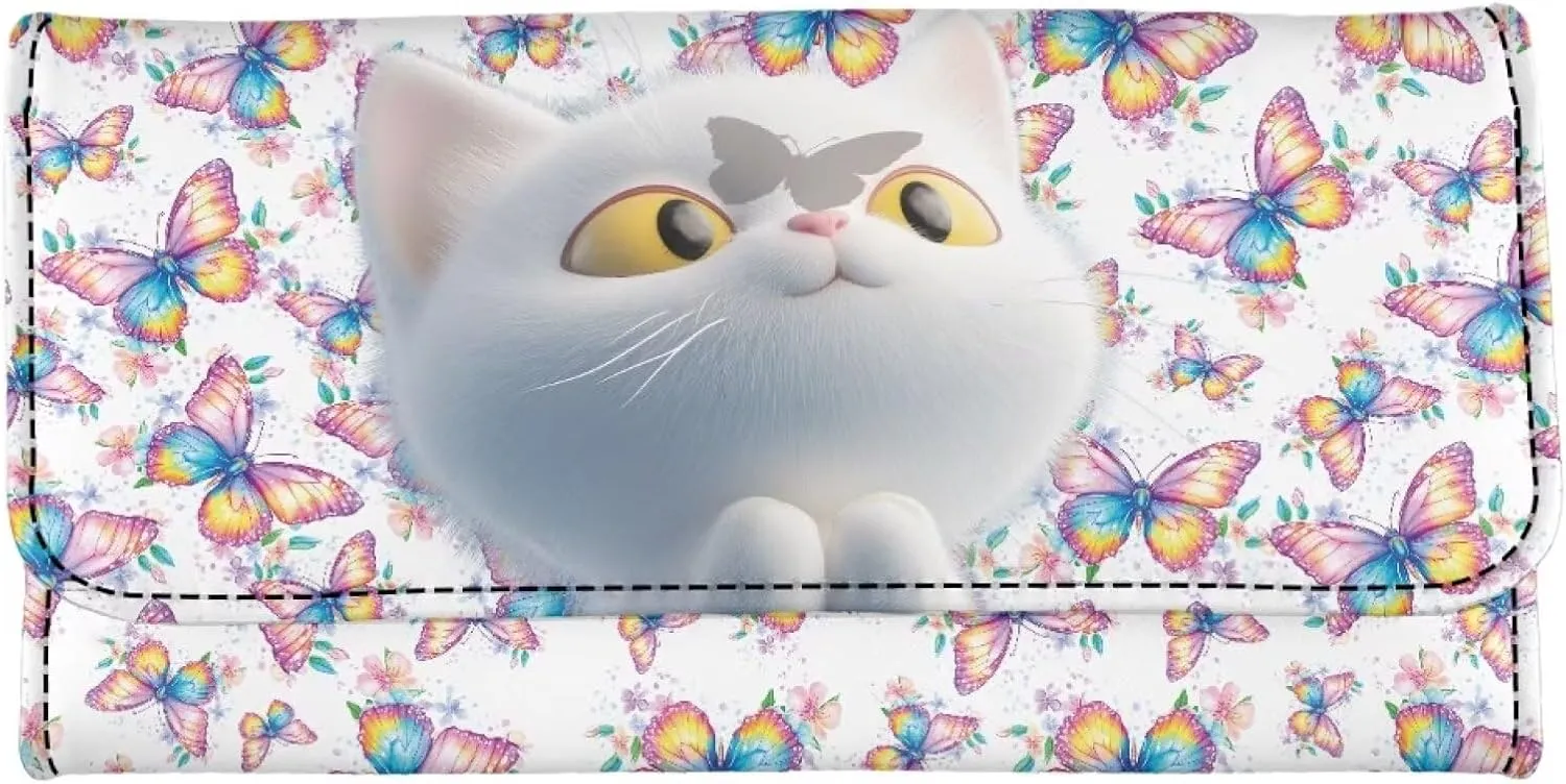 AFPANQZ 3D Cat Butterfly Long Clutch for Ladies Girls Large Luxury Women's RFID Blocking Tri-fold Leather Wallet Women's Leather Purse Large Capacity PU Purses with Zipper