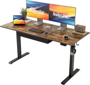 Agilestic Adjustable Height Electric Standing Desk with Storage Wooden Drawer, 55 x 24 Inches Stand Up Home Office Computer Gaming Table for Work Office Home, Rustic Brown
