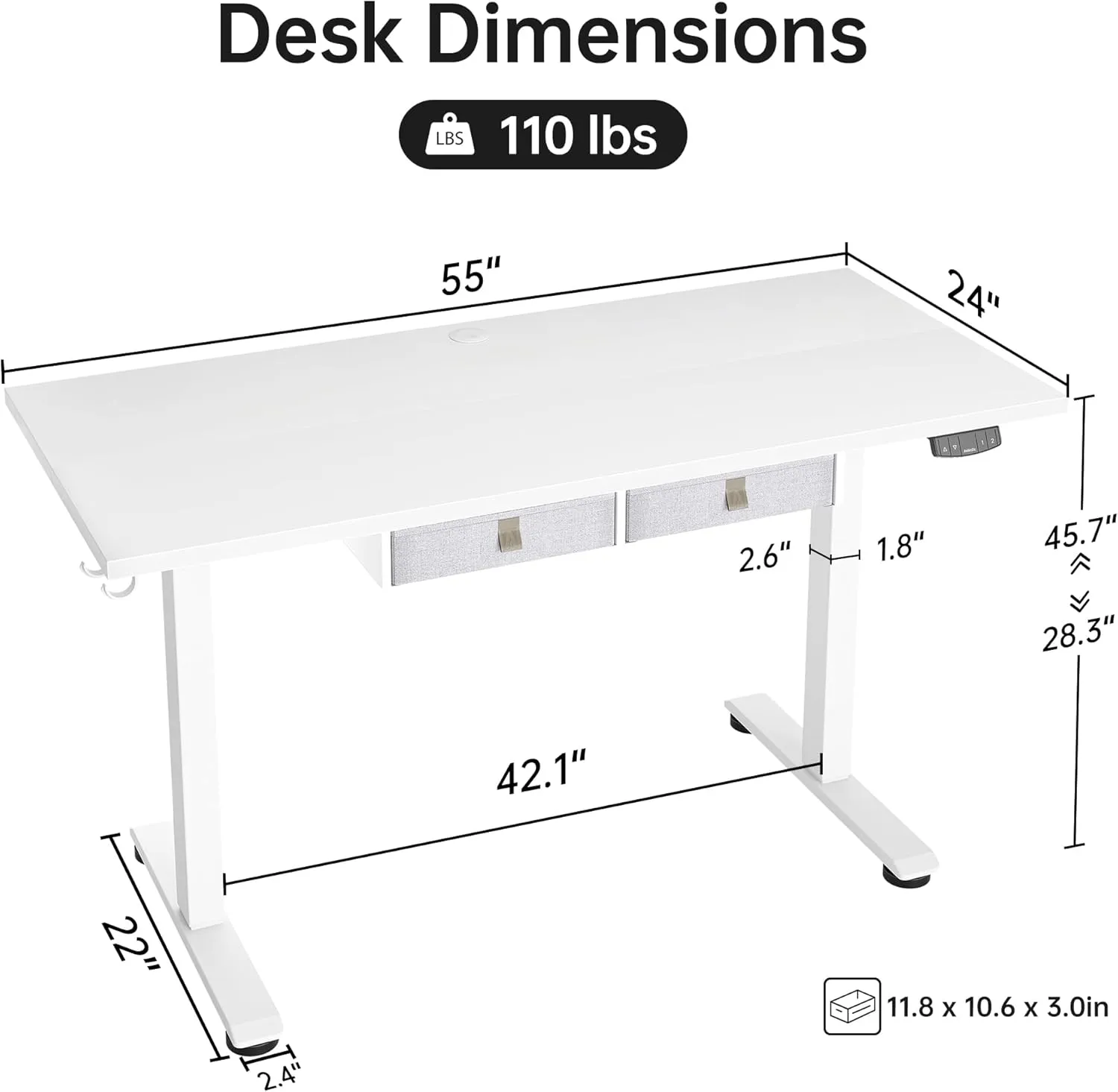 Agilestic Standing Desk with 2 Drawers, Adjustable Height Electric Desk with Storage, 55 x 24 Inches Sit Stand Up Computer Table for Work Office Home, White