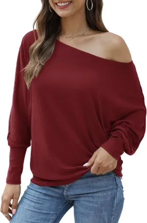 Aifer Women's Off The Shoulder Tops Sexy Long Sleeve Shirts Oversized Fashion Casual Batwing Sweaters Pullover Tunic Tops