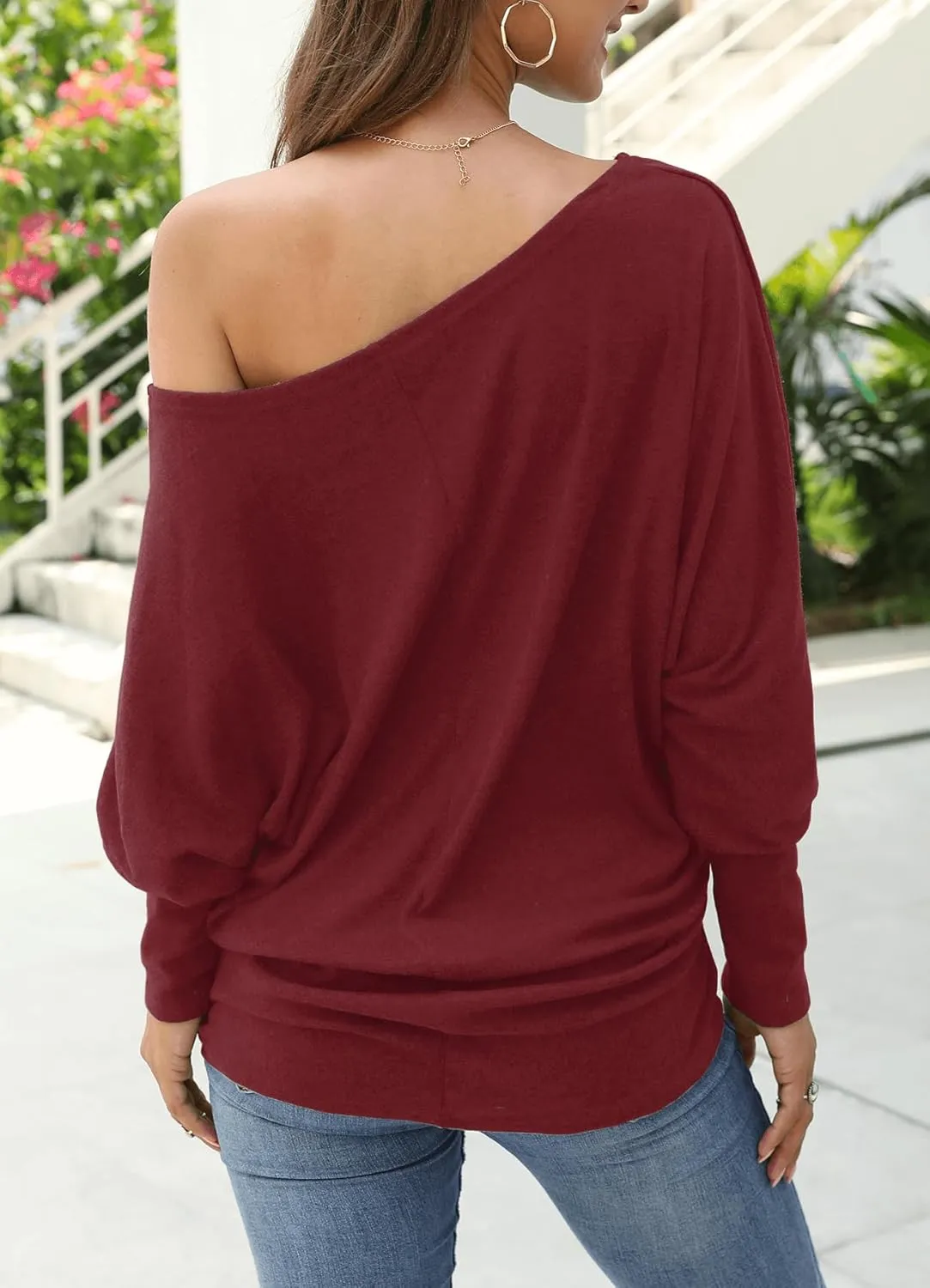 Aifer Women's Off The Shoulder Tops Sexy Long Sleeve Shirts Oversized Fashion Casual Batwing Sweaters Pullover Tunic Tops