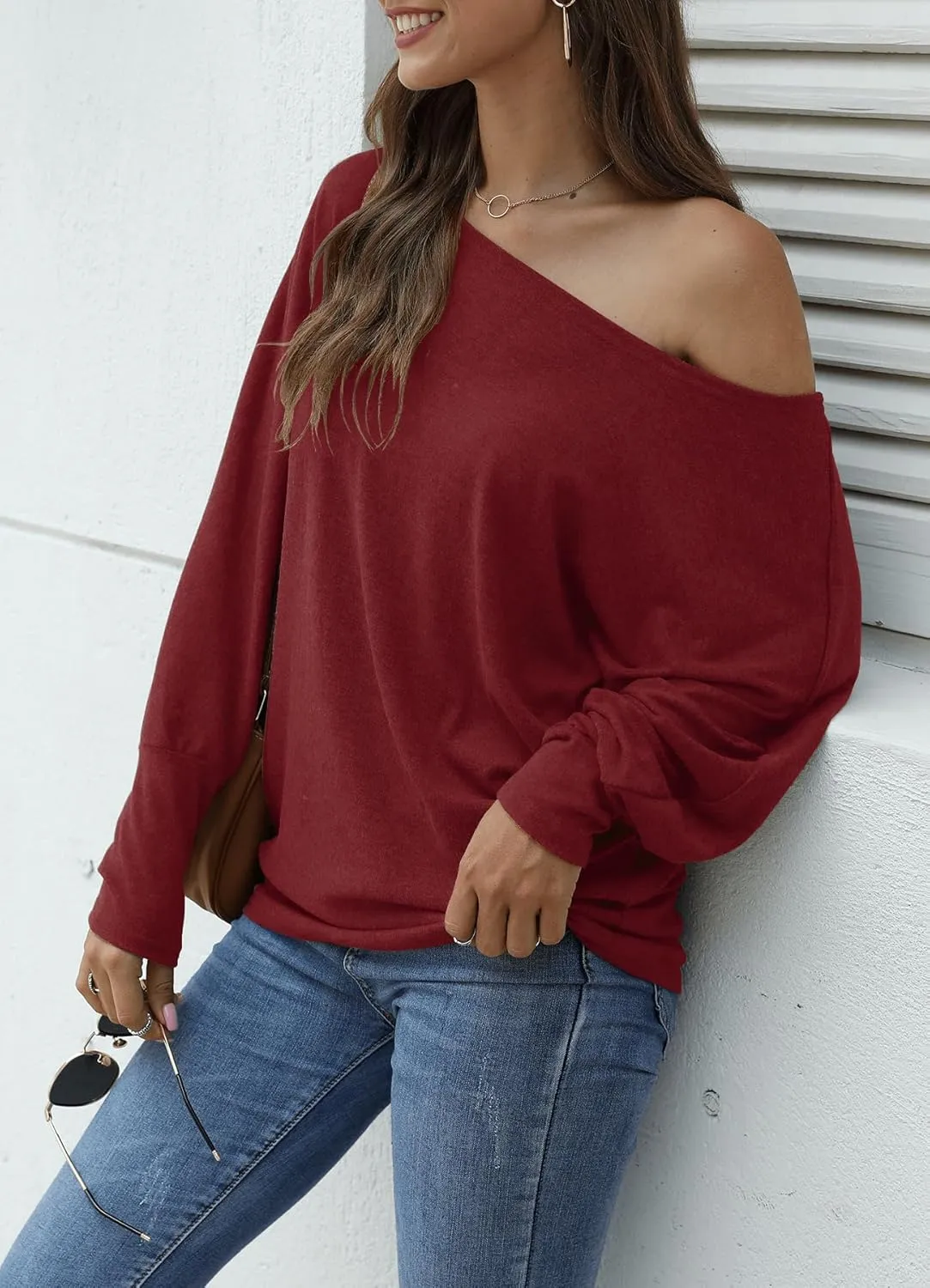 Aifer Women's Off The Shoulder Tops Sexy Long Sleeve Shirts Oversized Fashion Casual Batwing Sweaters Pullover Tunic Tops