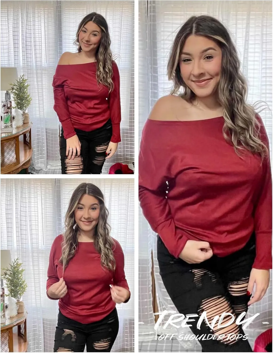 Aifer Women's Off The Shoulder Tops Sexy Long Sleeve Shirts Oversized Fashion Casual Batwing Sweaters Pullover Tunic Tops