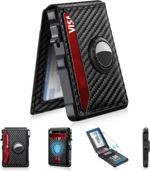 Airtag Wallet for Men, Mens Smart Wallet for Air Tag RFID Blocking, Minimalist Bifold Pop Up Aluminum Credit Card Case Holder 12  Cards with ID Window, Gift for Men, No Airtag Included, Carbon Fiber