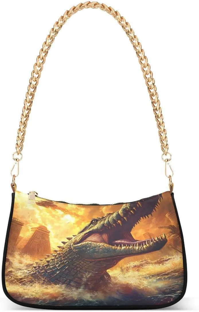 ALAZA Crocodile Fire Palm Tree Chian Shoulder Bag Handbags Tote Mini Clutch Purse Hobo Bag with Zipper Closure for Women