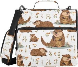 ALAZA Cute Beavers Leaf Blossom Zipper Binder Bag 3 Ring Binder Large Capacity 1.5 Inch Multi-Pockets Organizer with Shoulder Strap and Handle for School Office Supplies