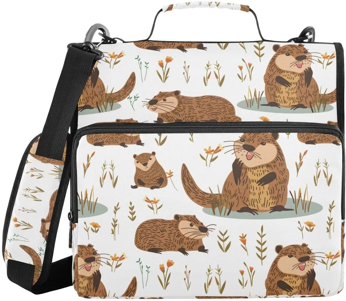 ALAZA Cute Beavers Leaf Blossom Zipper Binder Bag 3 Ring Binder Large Capacity 1.5 Inch Multi-Pockets Organizer with Shoulder Strap and Handle for School Office Supplies