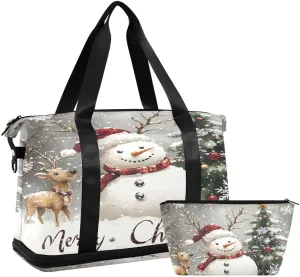 ALAZA Cute Snowman Reindeer Merry Christmas Pine Tree Snowflake Duffel Bag with Shoe Compartment Tote Bag Weekender Overnight Bag with Wet Pocket for Travel,Gym,Yoga,Swimming